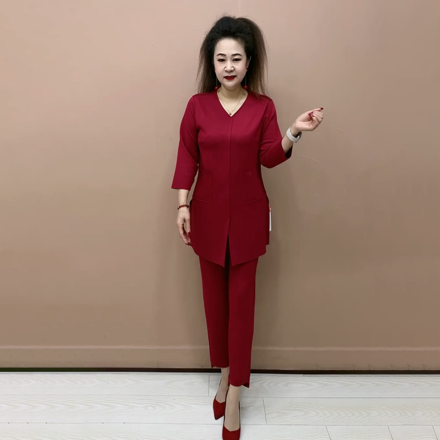 时尚减龄气质妈妈空气棉中长款上衣休闲小脚裤200斤大码两件套装