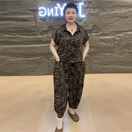 高端时尚冰麻洋气宽松大码中老年妈妈花色短袖上衣哈伦裤两件套装