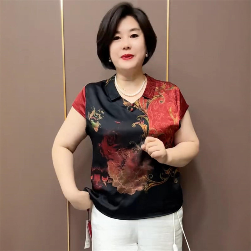 夏季真丝小衫加肥加大码宽松大码减龄中老年妈妈小衫时尚洋气上衣