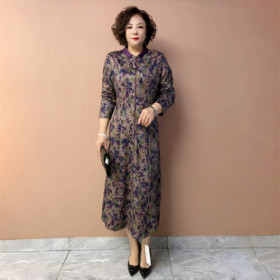 阔太太时尚洋气高端秋装长袖罗马棉妈妈装连衣裙气质宽松遮肉长裙