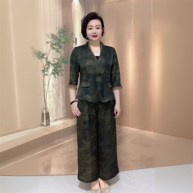 贵夫人高端夏季国风中式真丝西服外套中老年妈妈阔腿裤大码两件套