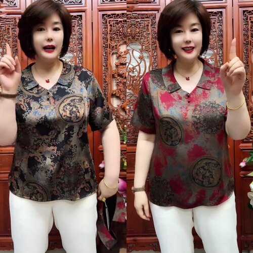 真丝短袖宽松大码妈妈装小衫