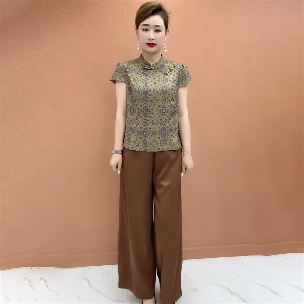 夏季醋酸缎短袖旗袍衫上衣中老年妈妈装宽松遮肉洋气小衫两件套装