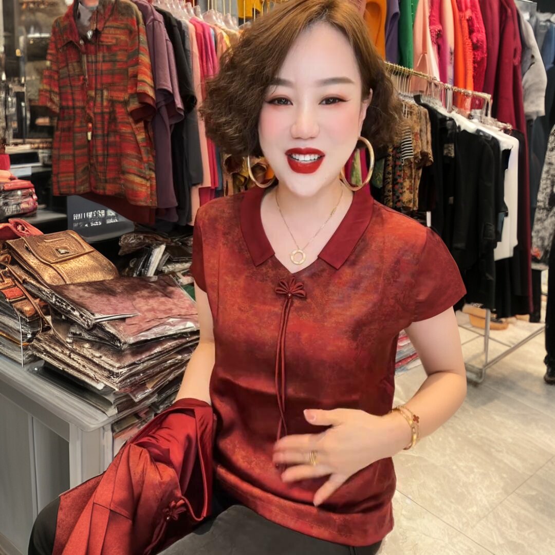 国风短袖夏季醋酸丝缎上衣宽松遮肉大码中年妈妈装娃娃领时尚小衫