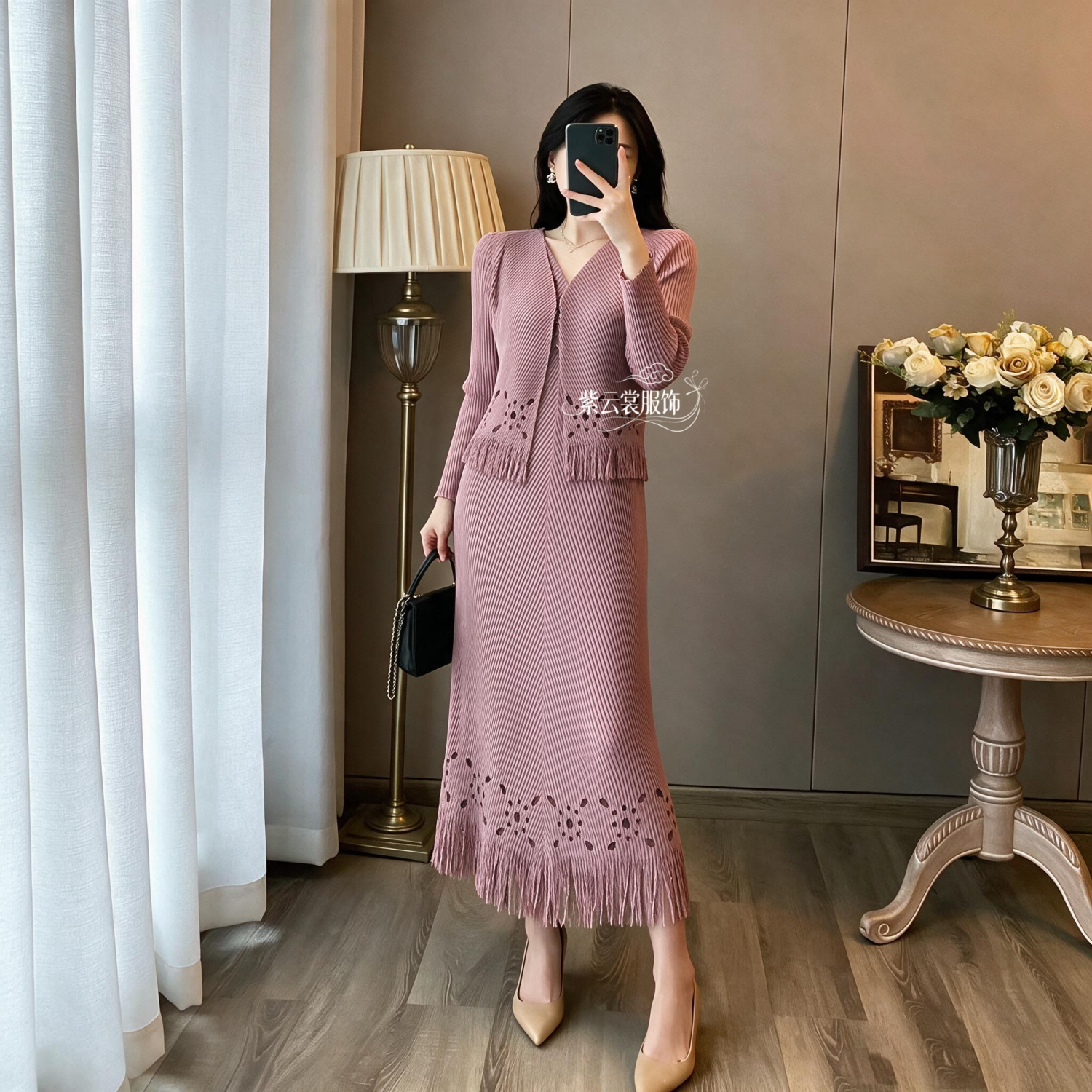 高端气质褶皱连衣裙秋装长袖百褶大码外套洋气长款背心裙两件套装