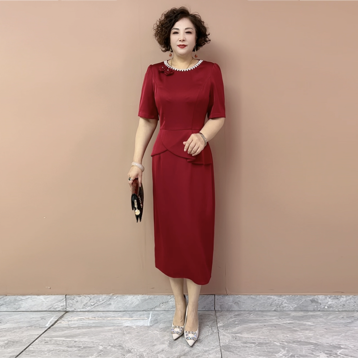喜妈妈婚宴礼服高级感夏季短袖新款醋酸假两件喜婆婆旗袍连衣裙女