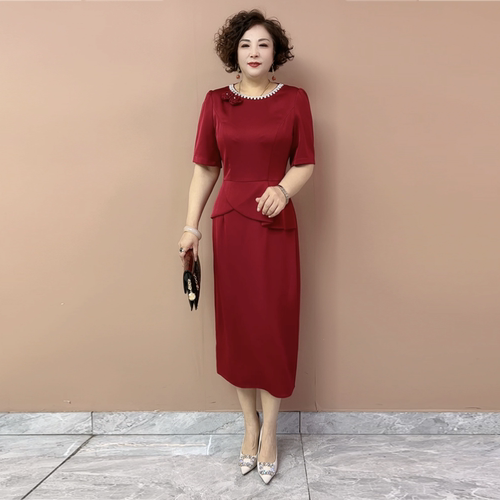 喜妈妈婚宴礼服高级感夏季短袖新款醋酸假两件喜婆婆旗袍连衣裙女