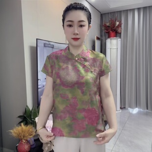 夏季新款国风盘扣浮光锦旗袍衫中年妈妈宽松遮肉洋气百搭小衫上衣
