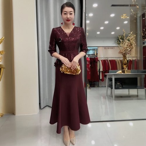 礼服长款洋气年轻收腰结婚妈妈亮片大码高贵喜服喜婆婆鱼尾连衣裙