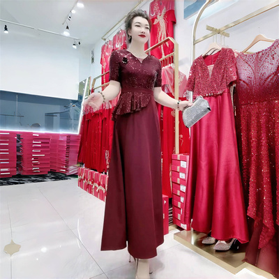 高端气质喜婆婆礼服妈妈装夏季短袖旗袍连衣裙洋气鱼尾晚礼服长裙