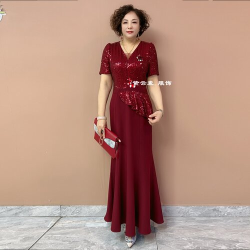 气质喜婆婆短袖礼服年轻妈妈装高贵旗身连衣裙洋气鱼尾晚礼服长裙