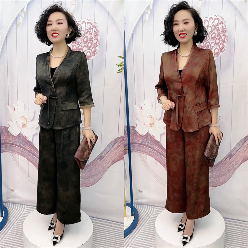 高端年轻气质妈妈夏季V领真丝时尚套装阔太太九分阔腿裤两件套女