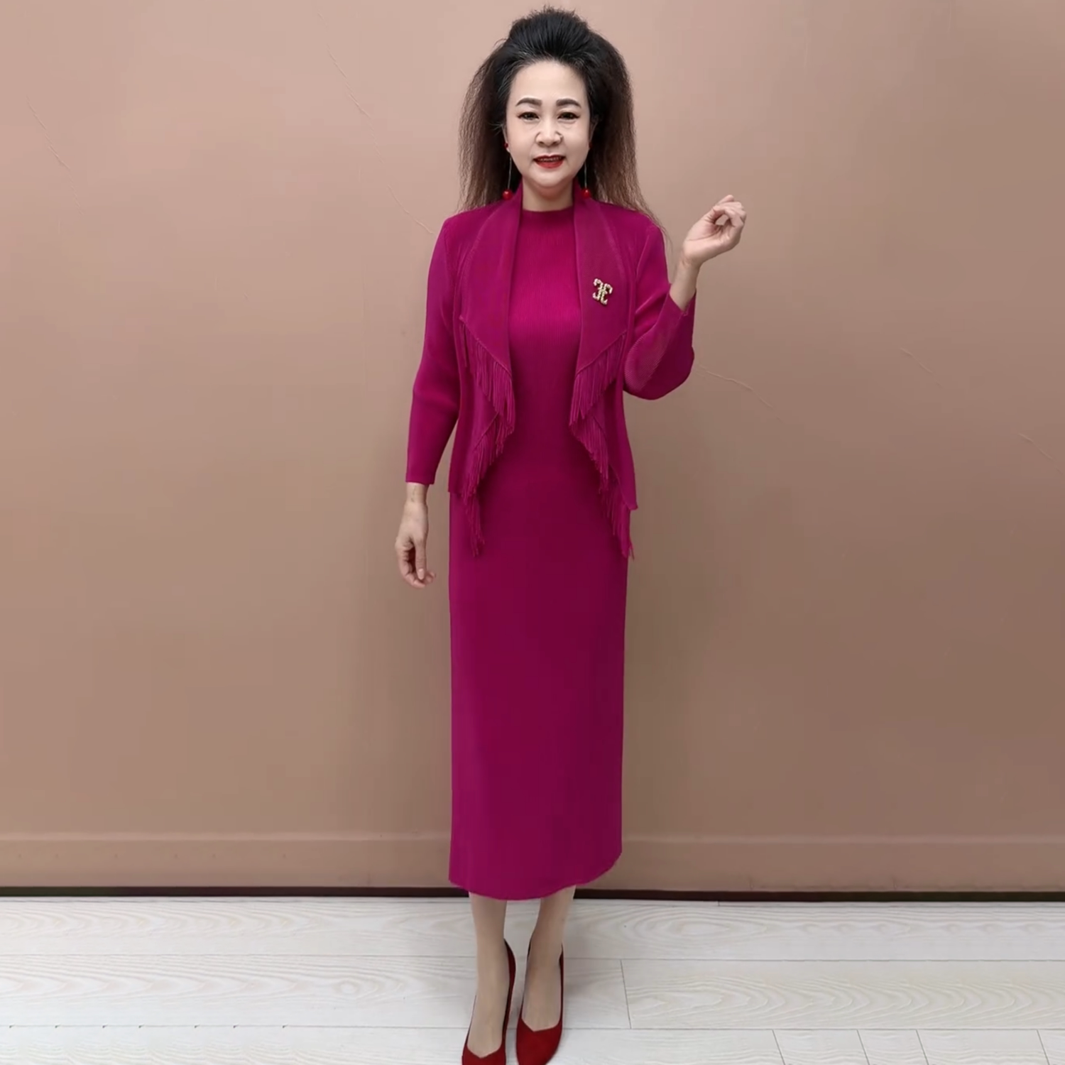 时尚优雅褶皱连衣裙套装春夏百褶大码显瘦西装外套背心裙两件套裙