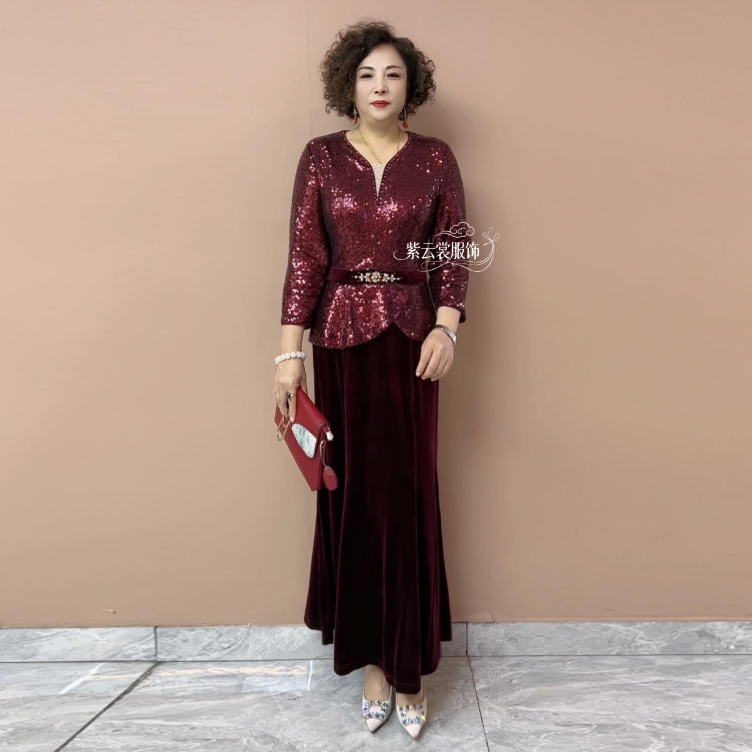 高端时尚洋气亮片连衣裙年轻妈妈旗袍结婚喜婆婆高端礼服鱼尾长裙