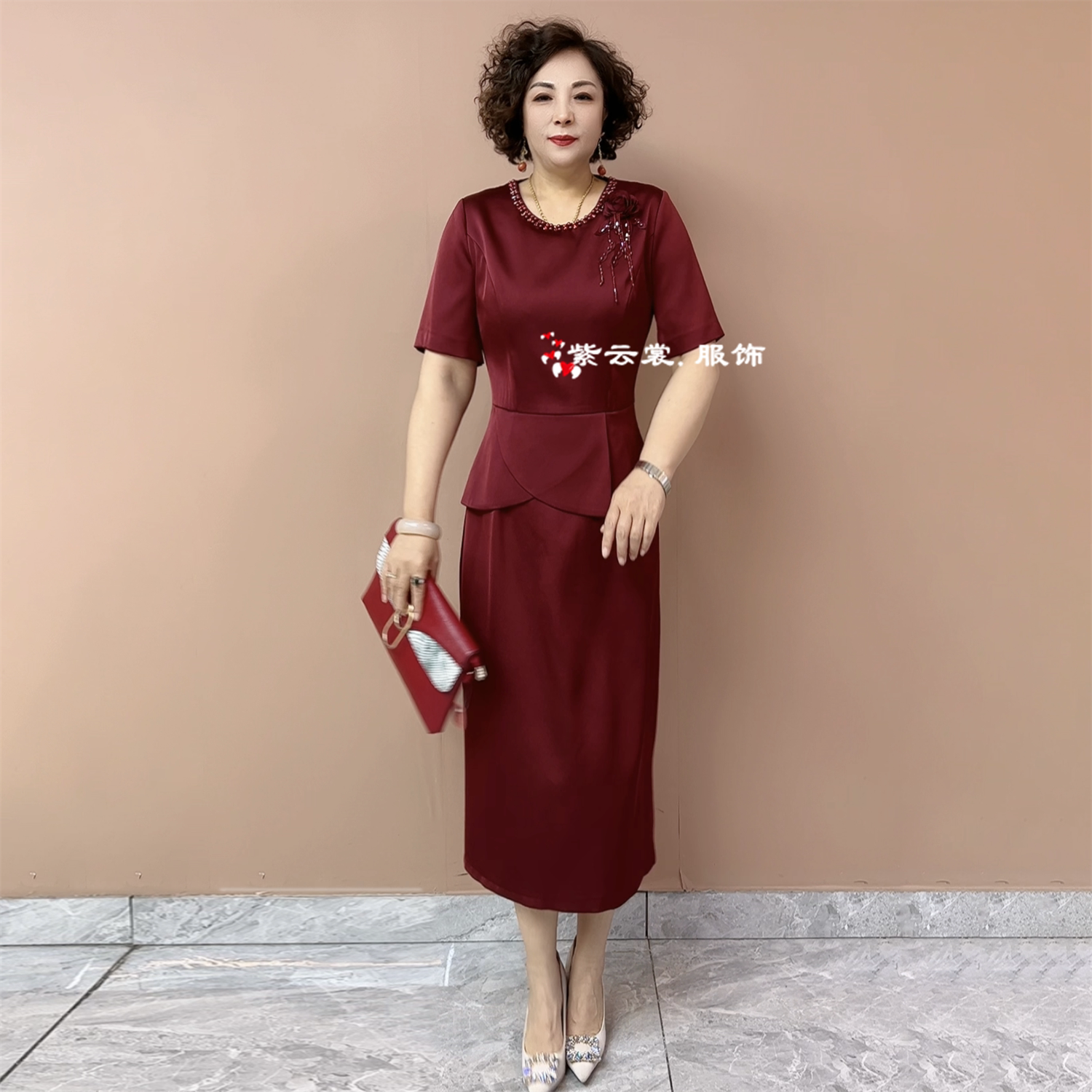 高端气质喜婆婆婚宴夏季短袖结婚妈妈装礼服中式醋酸缎大码连衣裙