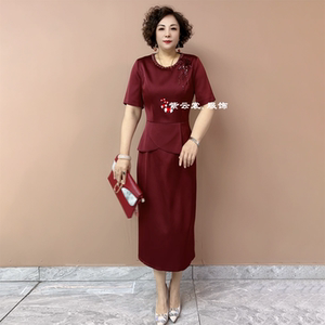 高端气质喜婆婆婚宴夏季短袖结婚妈妈装礼服中式醋酸缎大码连衣裙