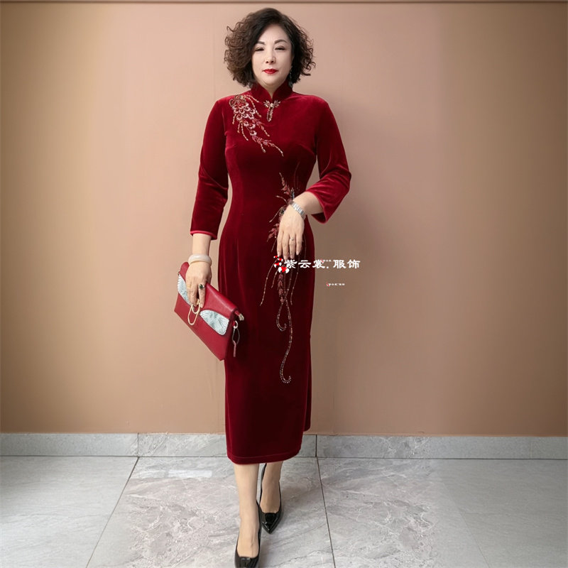 喜婆婆婚宴装妈妈结婚礼服旗袍中式春秋冬丝绒订婚长款高端连衣裙