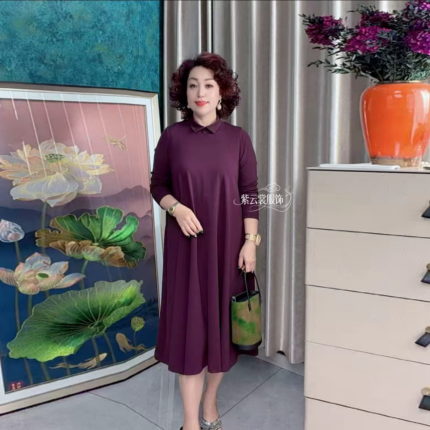 秋装长袖宽松年轻妈妈装洋气纯色POLO领弹力棉百搭气质过膝连衣裙