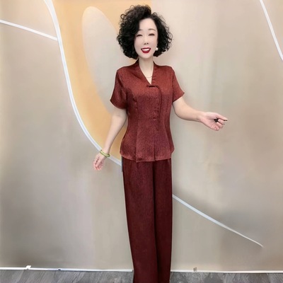 新中式国风夏季真丝两件套中年妈妈宽松大码旗袍上衣+阔腿裤套装