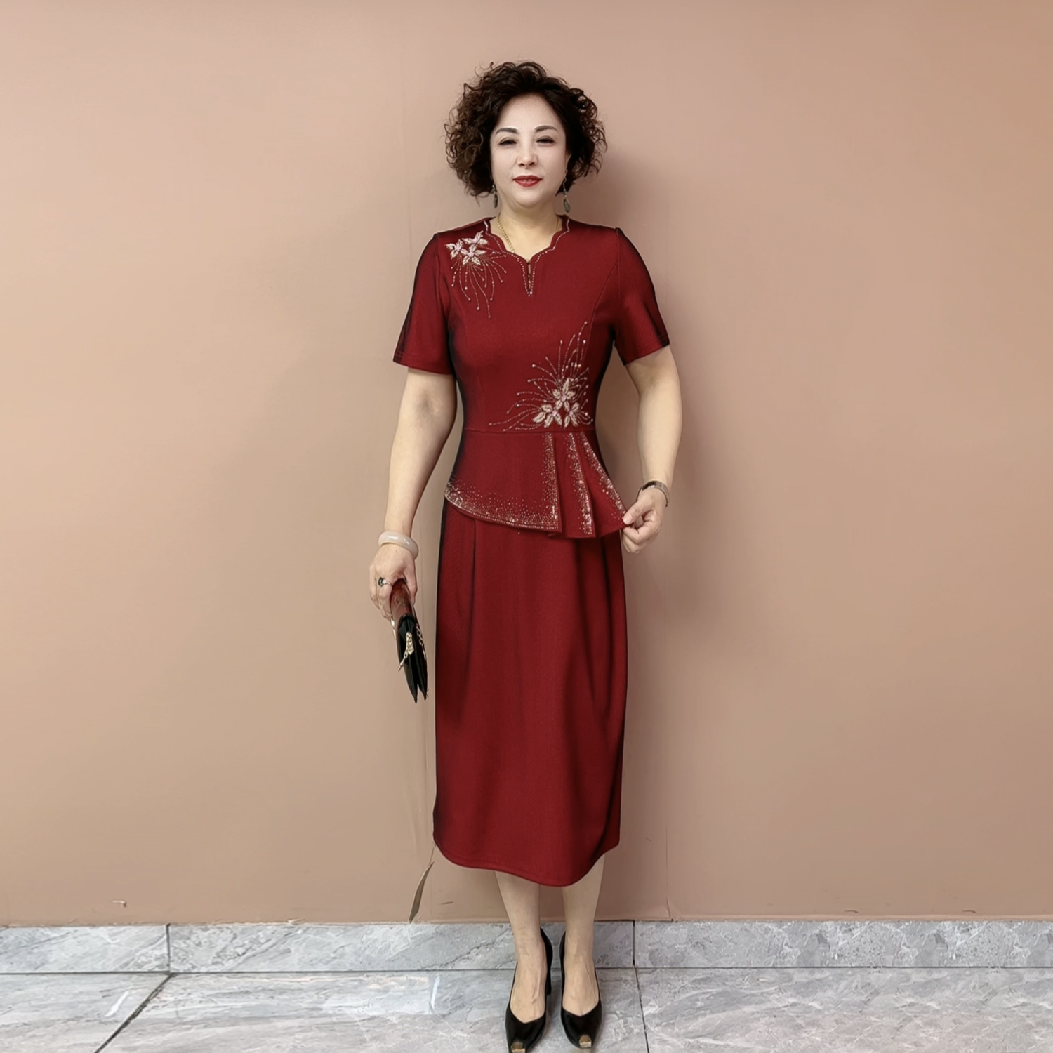 喜婆婆婚宴年轻妈妈装礼服夏季短袖结婚高贵大气假两件大码连衣裙