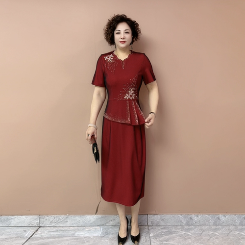 喜婆婆婚宴年轻妈妈装礼服夏季短袖结婚高贵大气假两件大码连衣裙