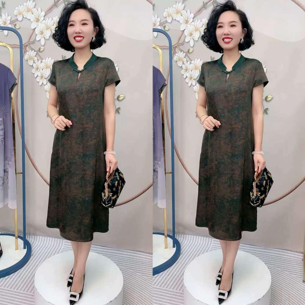 阔太太国风盘扣真丝提花旗袍长裙夏季短袖复古妈妈时尚宽松连衣裙