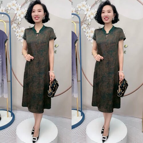 阔太太国风盘扣真丝提花旗袍长裙夏季短袖复古妈妈时尚宽松连衣裙