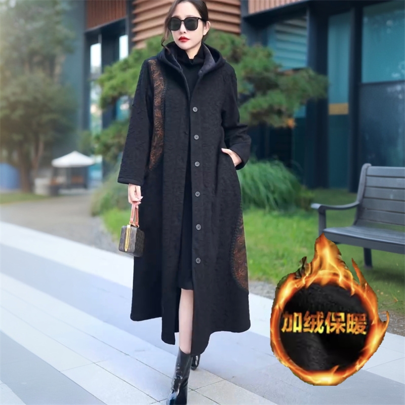 冬季加厚连帽加绒保暖气质长款国风时尚洋气大码中年妈妈风衣外套
