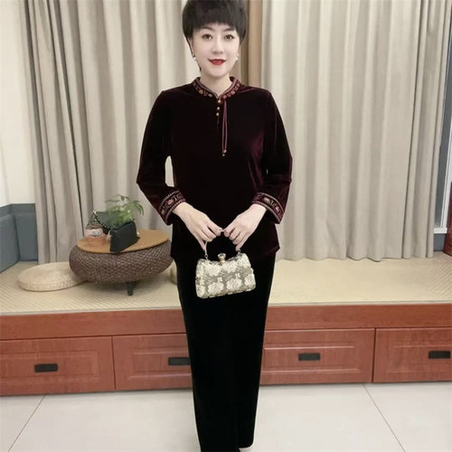 国款秋冬金丝绒妈妈大码衬衫宽松遮肉显瘦立领旗袍衫上衣打底小衫