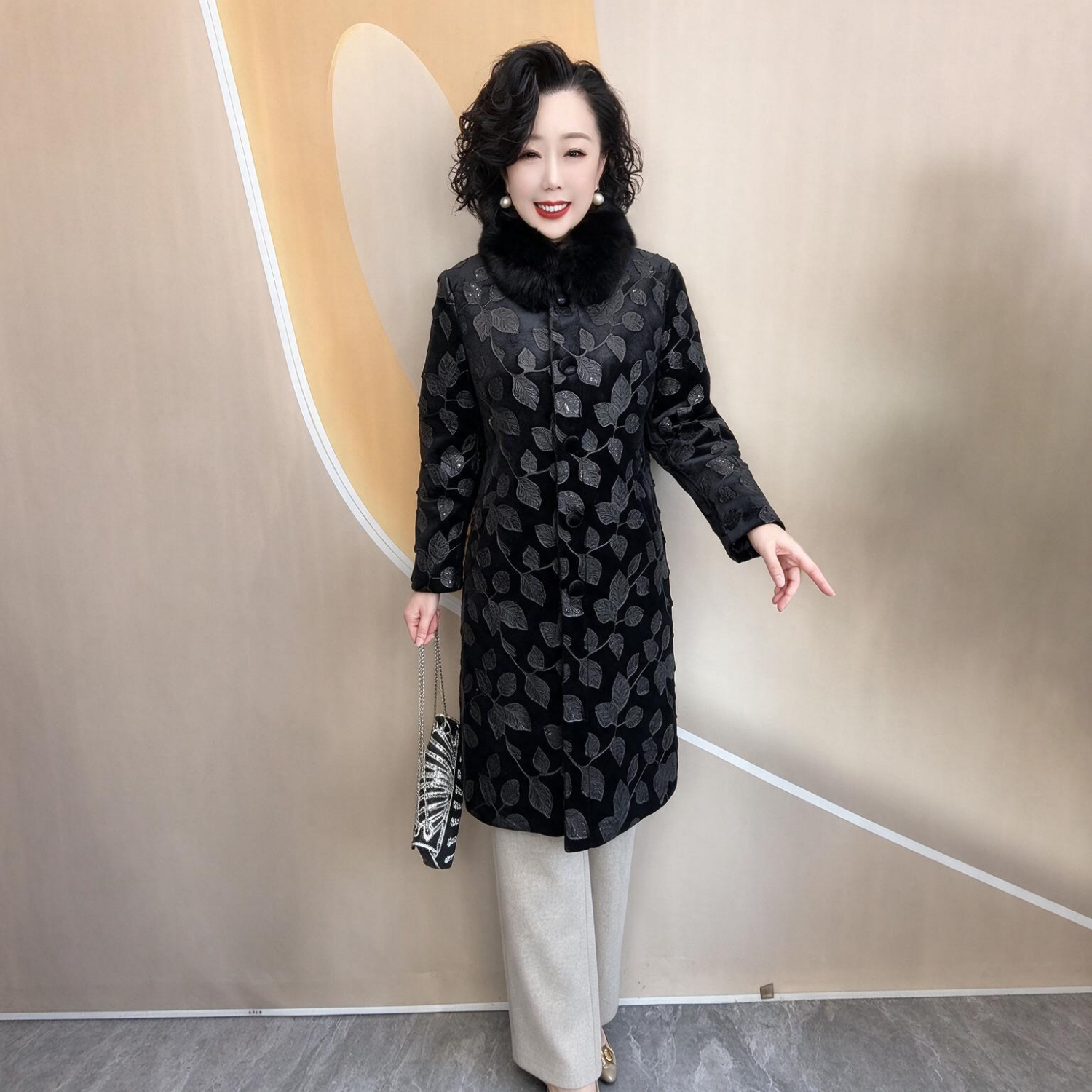 冬季时尚毛领提花夹棉大衣高档优雅阔太太中长款加厚保暖棉服外套