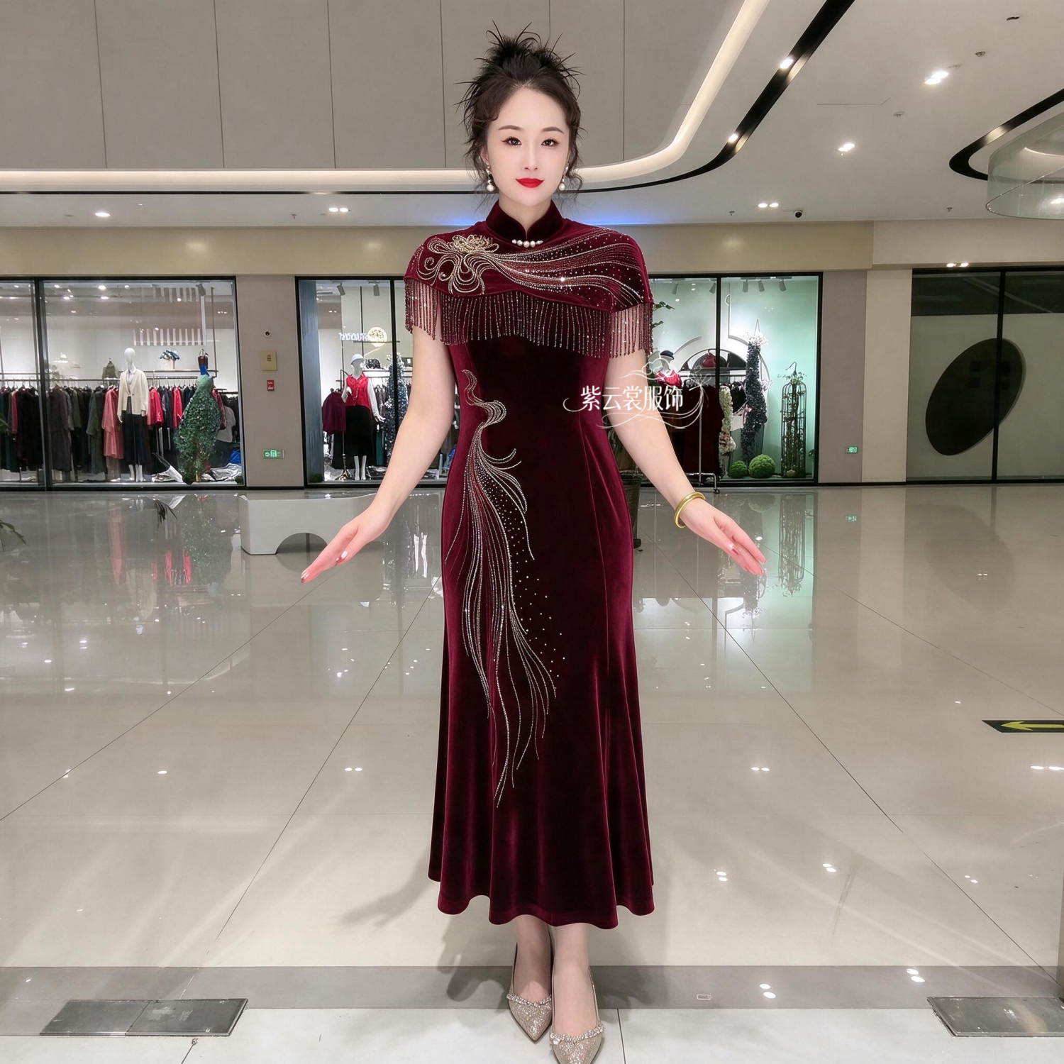 专柜同款高贵妈妈婚宴重工礼服时尚喜婆婆结婚旗袍连衣裙鱼尾长裙
