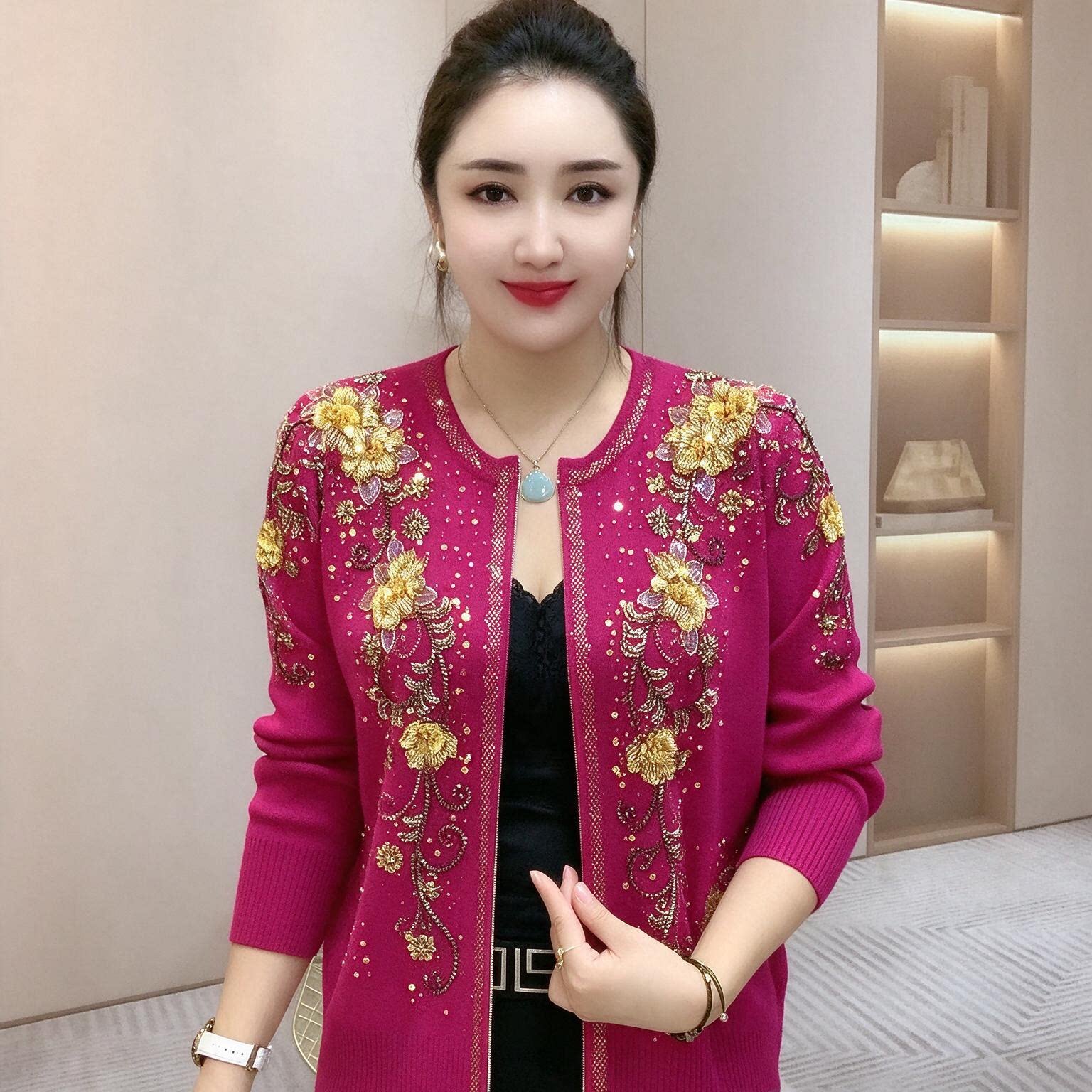 秋冬新款重工烫钻串珠针织开衫长袖洋气年轻妈妈宽松上衣休闲外套