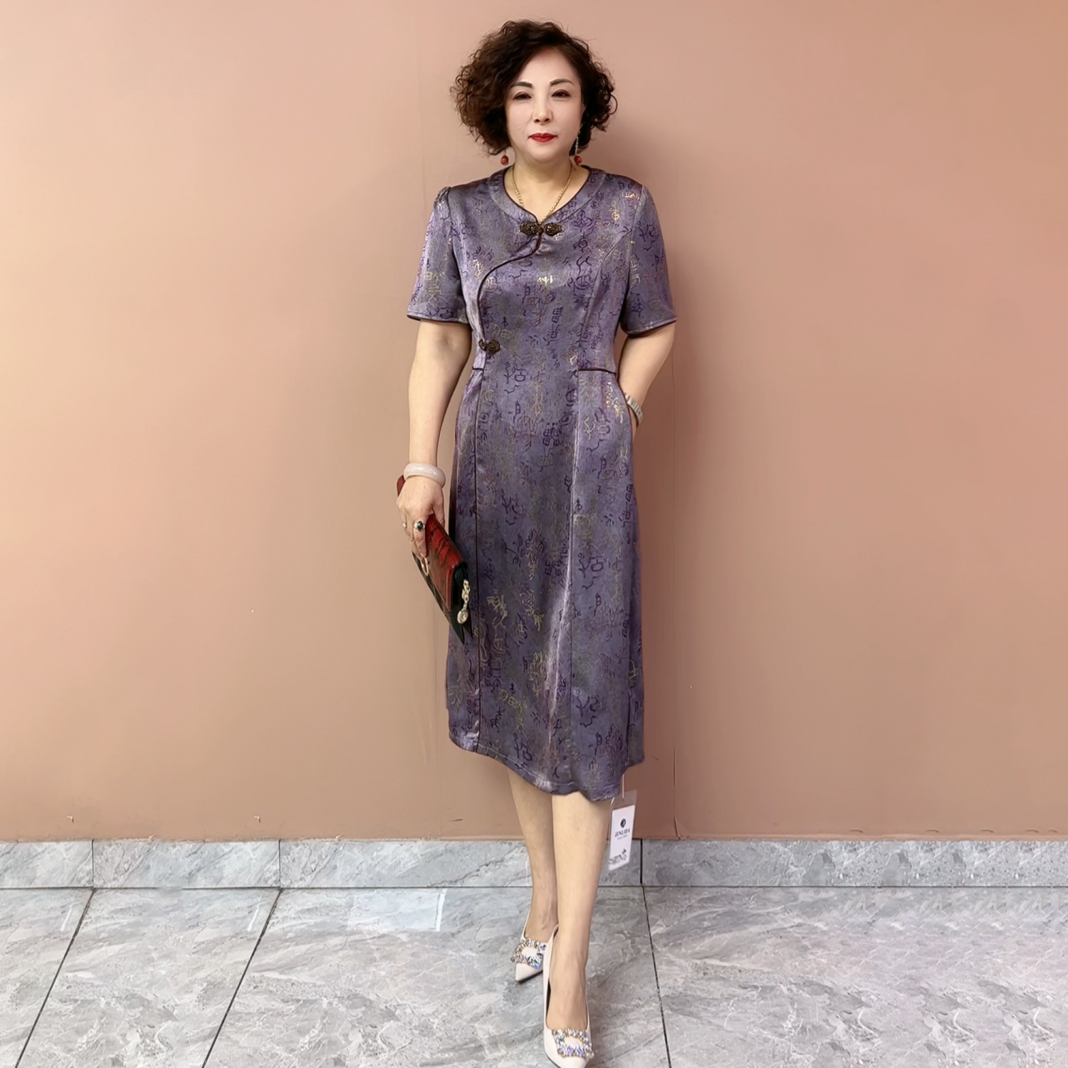 国风新款夏季短袖中老年妈妈旗袍连衣裙宽松遮肉显瘦醋酸过膝长裙