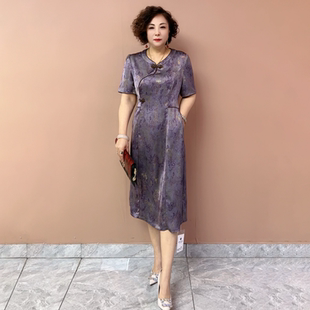 国风新款夏季短袖中老年妈妈旗袍连衣裙宽松遮肉显瘦醋酸过膝长裙