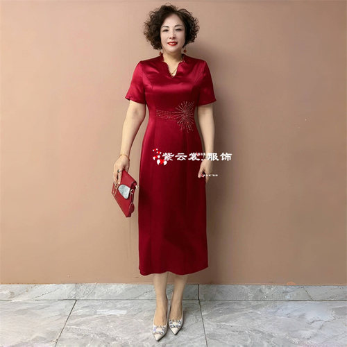 气质妈妈装婚宴礼服结婚喜服喜婆婆夏季短袖镶钻醋酸缎旗袍连衣裙