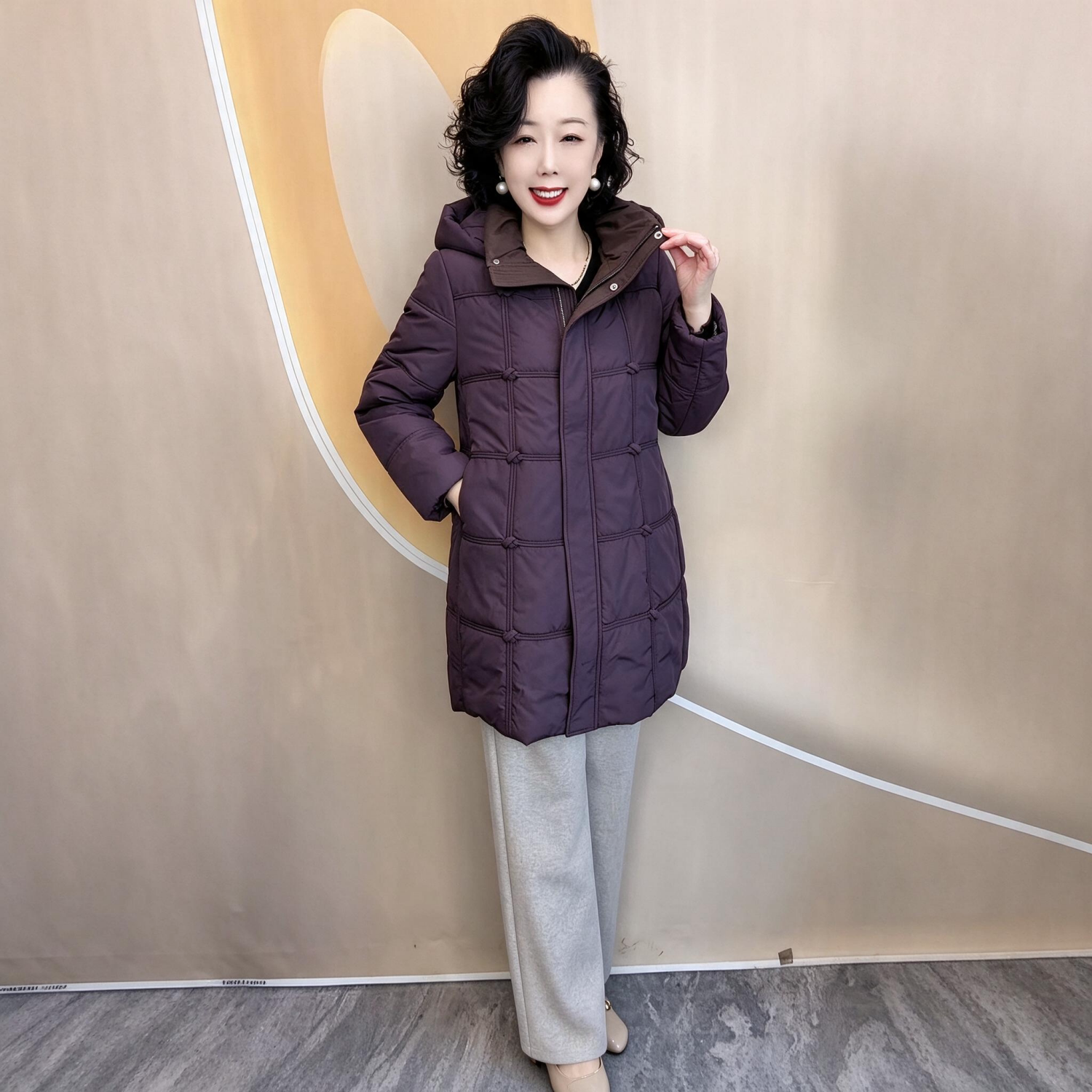 中老年妈妈装中长款棉服女冬季新款收腰显瘦连帽加厚棉衣大码外套
