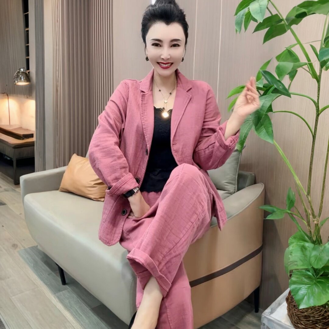 早秋新款时尚百搭纯色长袖西装外套休闲洋气大码双纱阔腿裤两件套