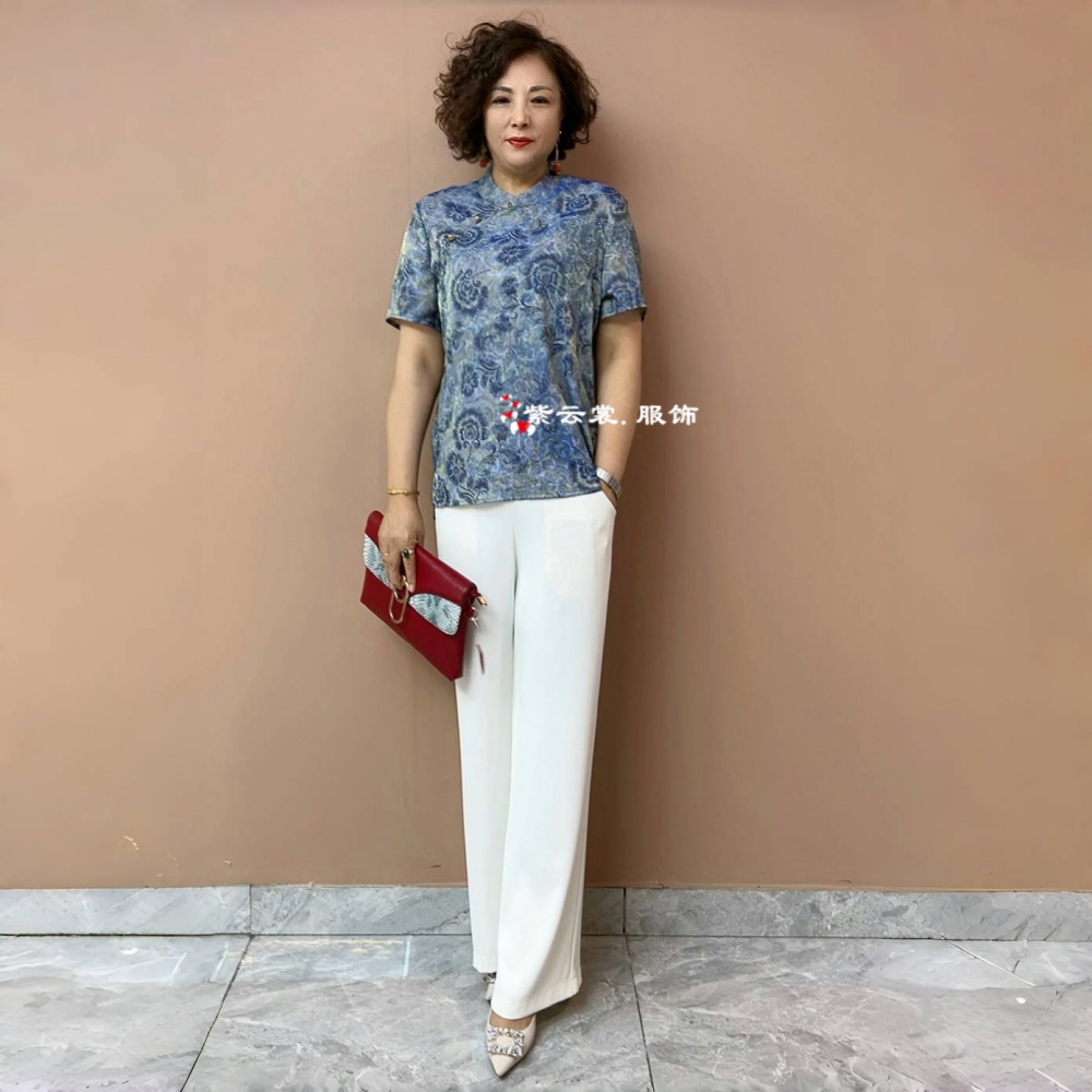 时尚中老年妈妈夏装短袖真丝上衣国风中式旗袍衫宽松洋气小衫t恤