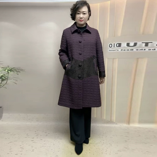 秋冬新款薄棉保暖翻领大衣女中长款翻领夹棉外套中老年妈妈装风衣