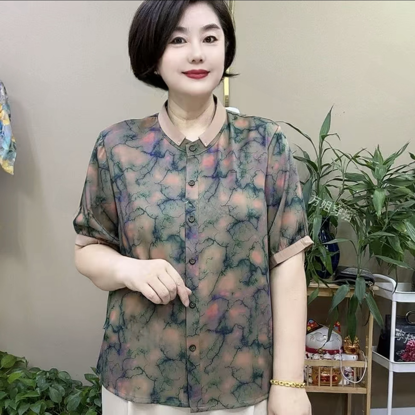 夏季醋酸丝缎旗袍衫中老年妈妈宽松显瘦大码翻领洋气衬衫开衫薄款