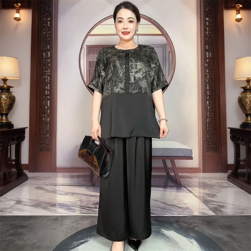 夏季新款短袖妈妈时尚宽松显瘦遮肉上衣阔腿裤大码洋气轻奢两件套