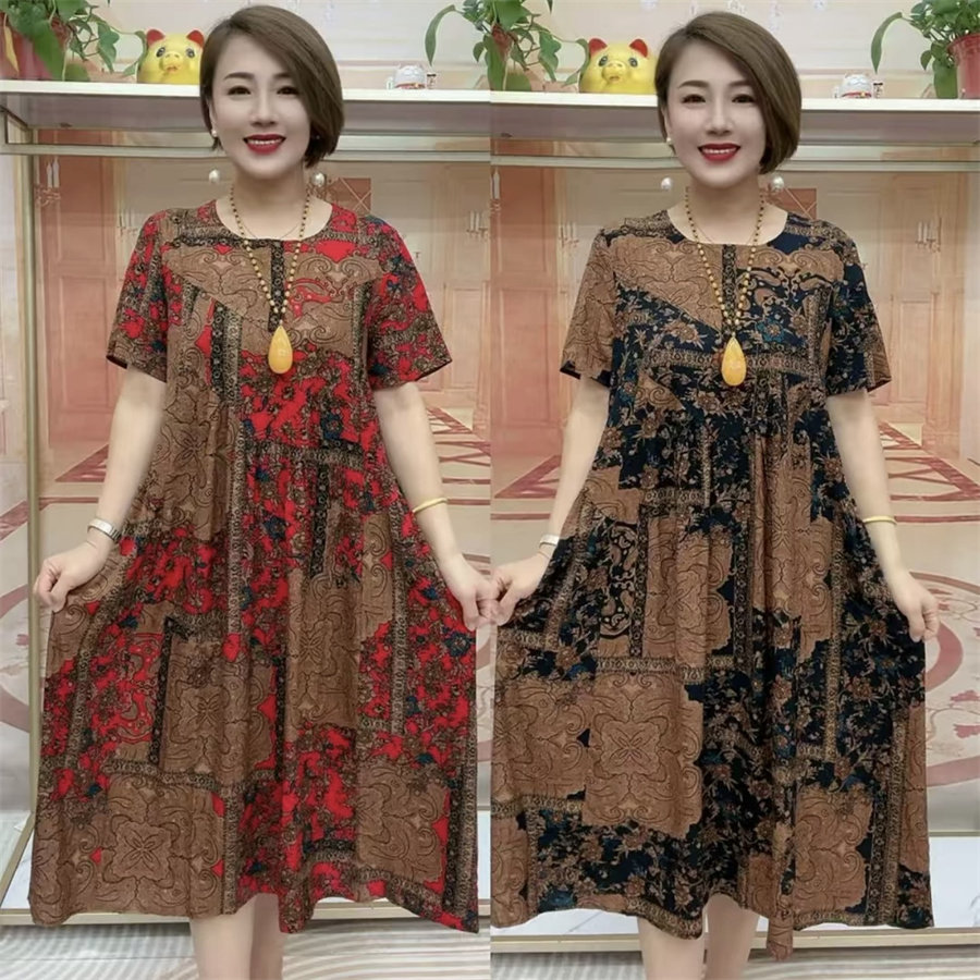 中老年妈妈夏装短袖洋气大码长款碎花短袖棉麻宽松遮肉显瘦连衣裙