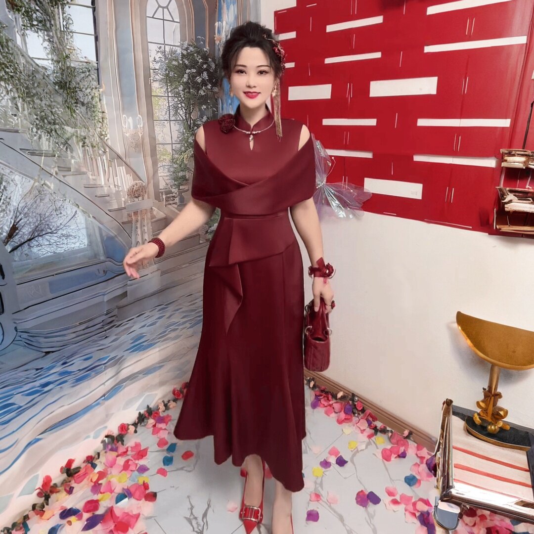 高贵喜婆婆婚宴短袖年轻结婚洋气妈妈装礼服醋酸缎长款鱼尾连衣裙