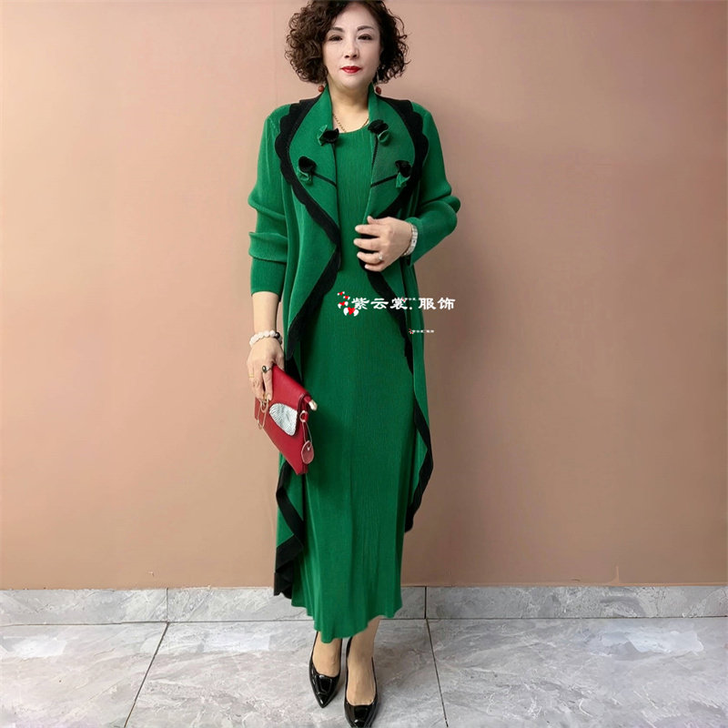 春装长款立体花假两件连衣裙中年时尚高弹大码三宅褶皱妈妈装长裙