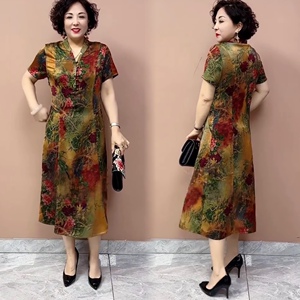 夏季中老年妈妈气质短袖真丝V领旗袍连衣裙桑蚕丝宽松大码长裙子