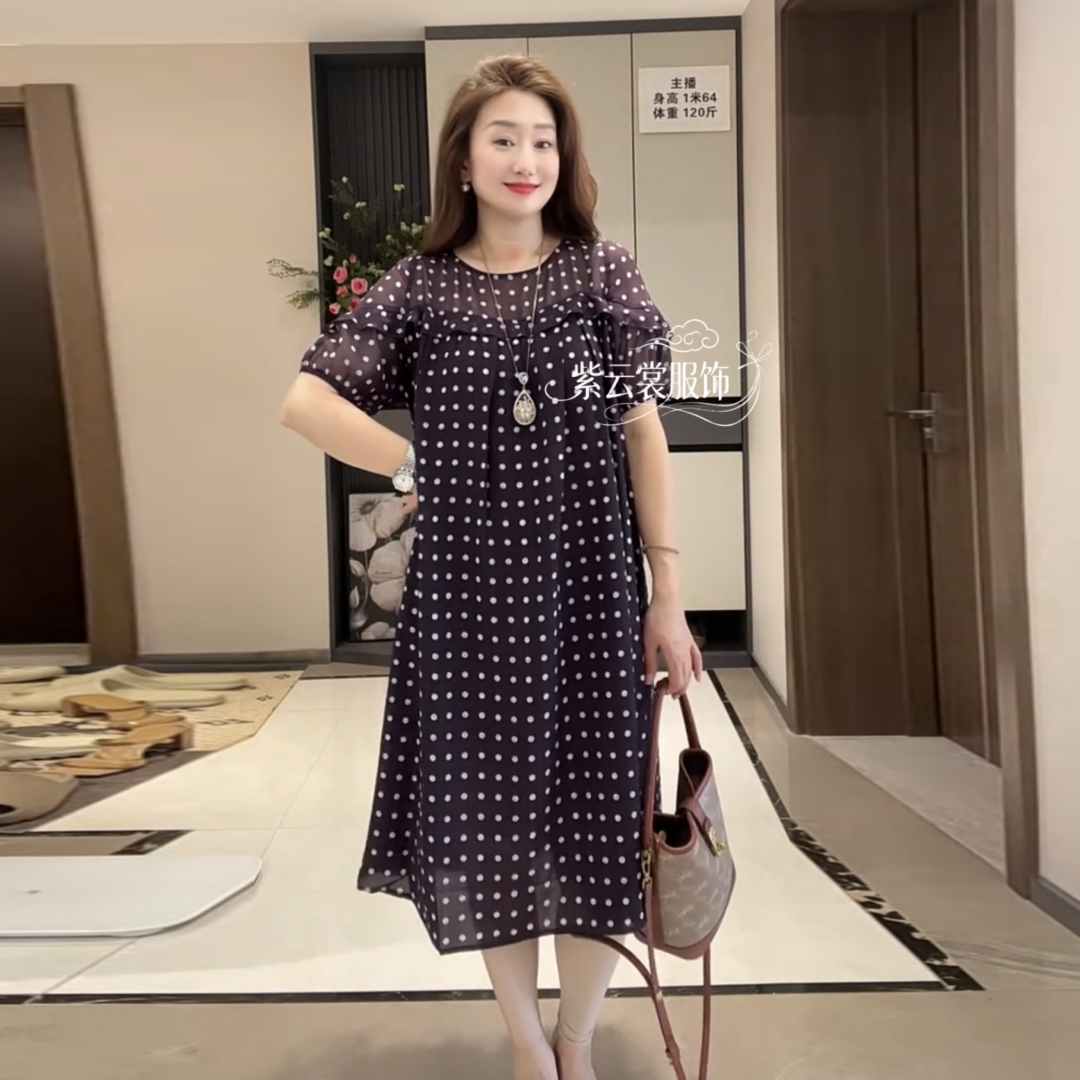 夏季短袖宽松中老年妈妈洋气法式荷叶边乔其纱过膝波点大码连衣裙