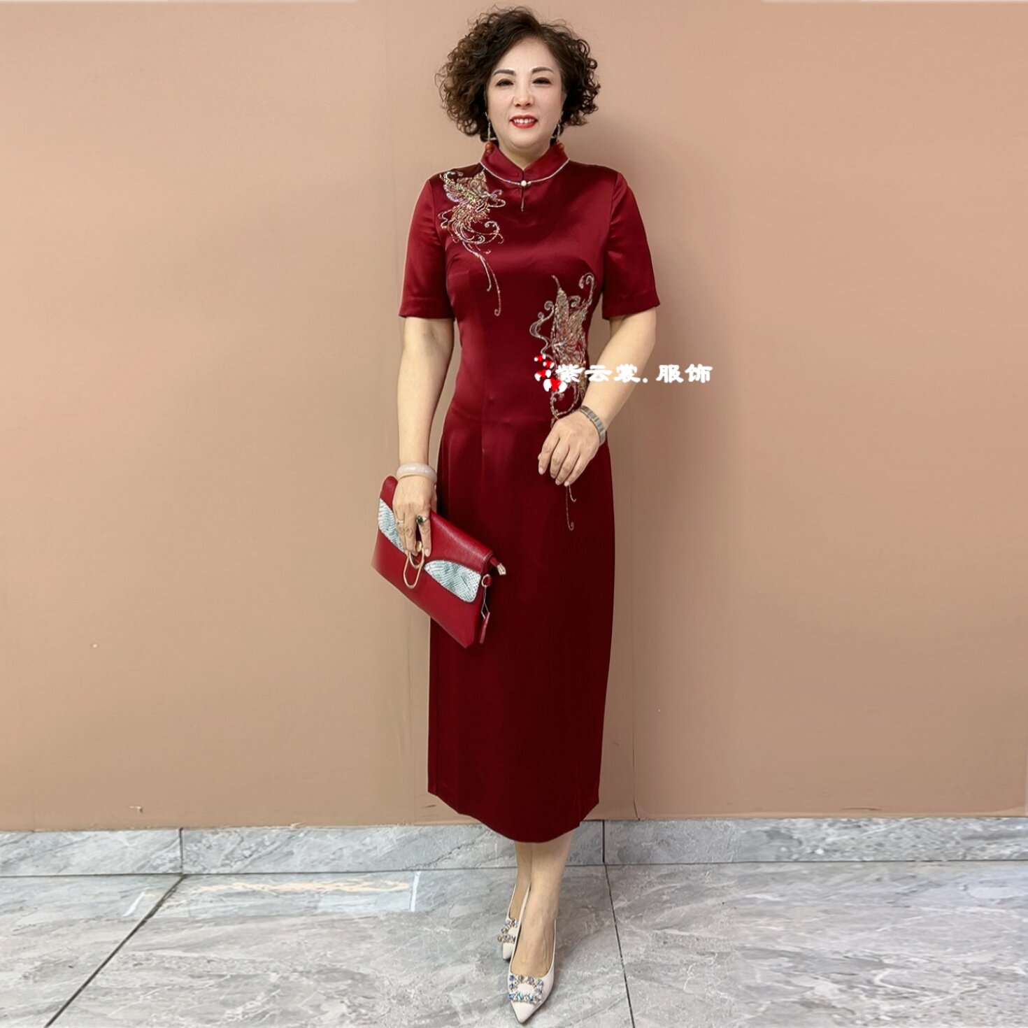 喜婆婆婚宴短袖年轻高贵结婚妈妈礼服中式立领旗袍醋酸缎连衣裙夏