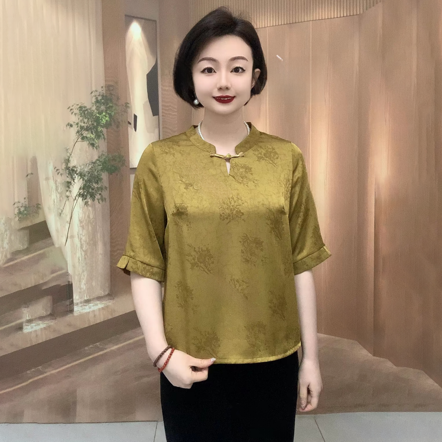 高端夏季国风醋酸丝缎旗袍小衫妈妈宽松显瘦衬衫宽松洋气大码上衣