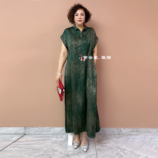高端夏季短袖中老年妈妈时尚连衣裙宽松遮肉大码过膝翻领醋酸长裙
