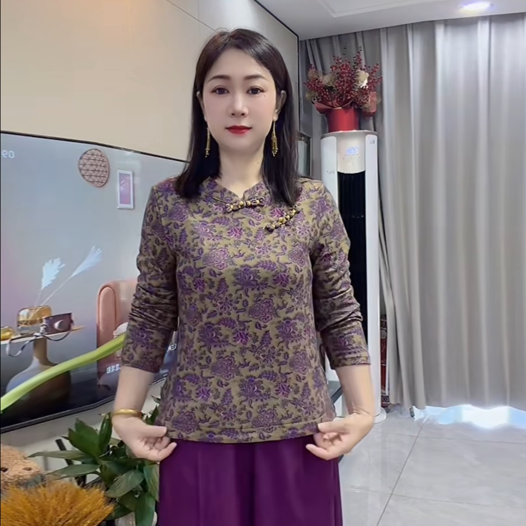 秋装新款国风碎花改良旗袍衫上衣弹力大码中老年妈妈减龄打底小衫